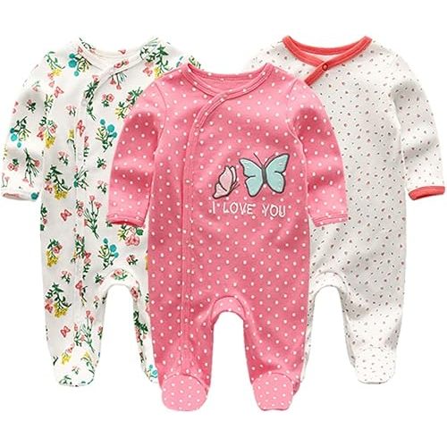 Baby Boys Girls Footies One-Piece Romper Long-Sleeve Jumsuit Cotton Newborn Clothes Set 3-Pack Baby Pajamas