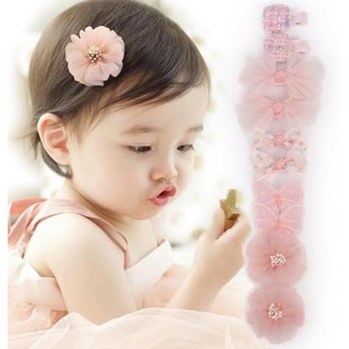 Baby Girls Hair Bow Clips, 10pcs Boutique Cotton Fully Lined Hair Pins, Non Slip Baby Barrettes Accessories for Infants Toddlers Fine Hair by BIANHUAN (Set-D)