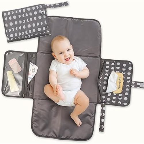 Tiny Twinkle Portable Diaper Changing Pad – Foldable, Waterproof & Compact Travel Changing Mat with Storage | Smart Wipes Pocket for On-The-Go Parents | Gift for Newborn Baby Girl & Boy(Luna)