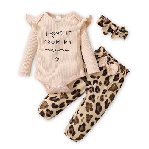 PatPat 3pcs Baby Letter Embroidered Ruffle Long-sleeve Ribbed Romper and Leopard Pants Set