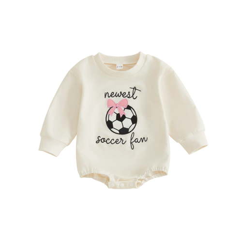 RUINIXCW Baby Girl Football Sweatshirt Romper Letter Soccer Ball Bow Embroidered Long Sleeve Bubble Bodysuit for Winter Fall
