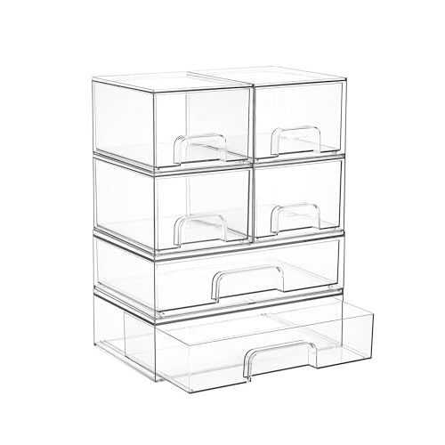 Vtopmart Stackable Storage Drawers Set of 6, Clear Plastic Organizer Bins for Bathroom Supplies, Ideal for Cabinet,Shelf, Pantry, Laundry Room Organization