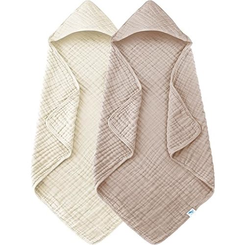 SWEET DOLPHIN Muslin Hooded Baby Bath Towels - 2 Pack 100% Cotton Towel for Babies, Infants, Toddlers - 32x32Inch - Highly Absorbent and Newborn Essential, Ivory and Brown