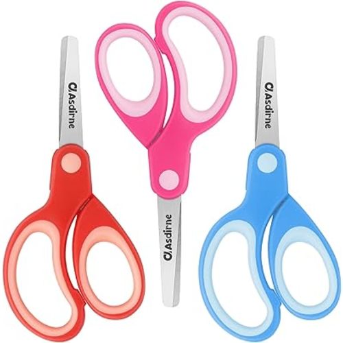 Asdirne Left Kids Scissors, Safety Children Scissors with Blunt Tip Stainless Steel Blades and Soft Grip, Great for Home and School, Assorted Color, 13.5cm, 3 Pack