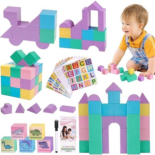 50 PCS Magnetic Blocks for Kids - 1.24" Macaron Colors Building Cube with Stickers & Marker, Early Learning Educational Toys for Toddlers 1-3, Ideal Gift for 3-5 Year Old Boys and Girls