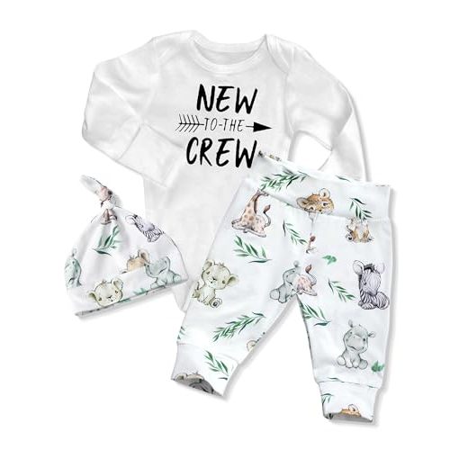 Oranchids Newborn Baby Boy Clothes New To The Crew Letter Print Long Sleeve Romper+Cute Animal Pants Hat 3PCS Infant Outfits
