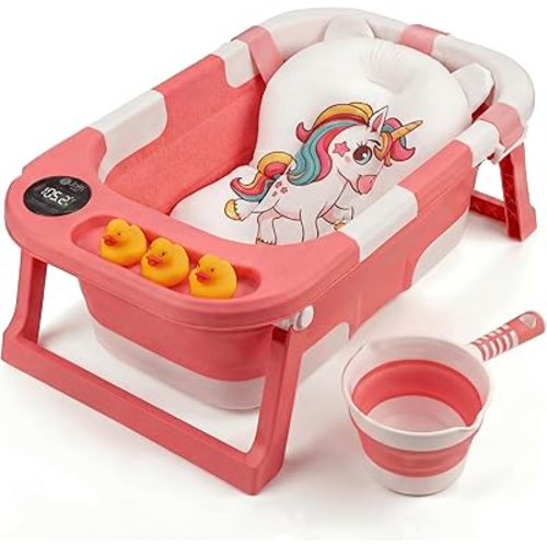 Collapsible Bathtub Baby for Infants & Newborns w/Thermometer, Drain Plug with Heat Sensor & Scoop – Compact Travel Baby Bath Space-Saving Bath for Travel, Shower & Small Bathrooms