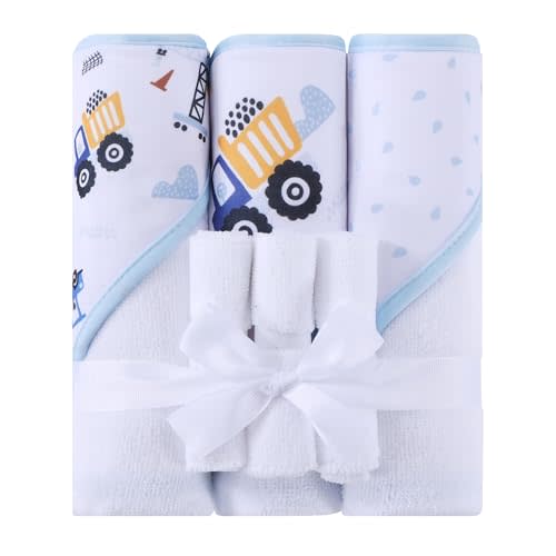 Mooreeke Baby Towel with Hood for Boys Blue Excavator Bath Towel for Babies Ultra Soft Absorbent 3 PCS Baby Towels and 3 PCS Washcloths for Newborn Essentials