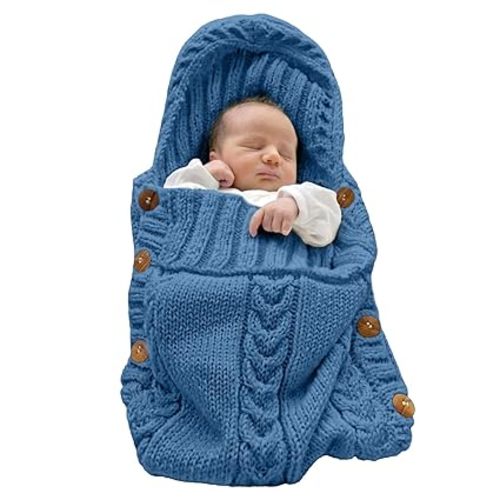 XMWEALTHY Newborn Baby Wrap Swaddle Blanket Knit Sleeping Bag Receiving Blankets Stroller Wrap for Baby Blue 0-6 Month
