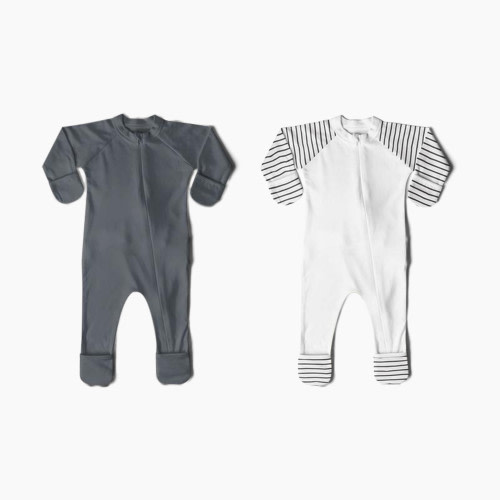 Goumi Kids Organic Cotton Footie (2 Pack) - Stripe Gray + Midnight, 0-3 Months