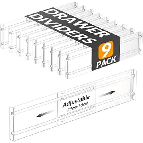 Hormes Drawer Dividers, 9 Pack Adjustable Clear Drawer Organisers, Expandable 29–55cm and 8cm High Drawers Separators for Bedroom Clothing, Kitchen Utensils, Bathroom & Office Organization and Storage