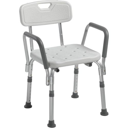 Drive Medical Shower Chair with Back & Padded Arms - Adjustable Height Bath Seat for Safety & Comfort - Lightweight Aluminum Construction- 350 Lb Capacity - White