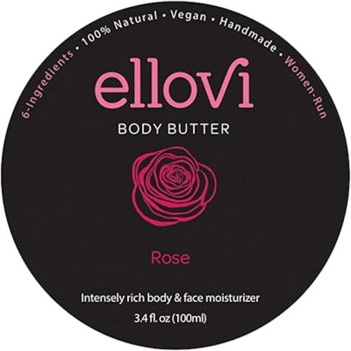 Ellovi All-Natural Body Butter - Rose - Pure Enough to Eat - Made With Just 6 Vegan Ingredients - Ultra-Rich 100% Plant-Based Hydrating Moisturizer For Naturally Healthy Skin (3.4 fl. oz/100ml)