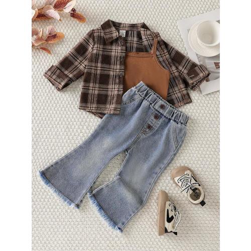 SHEIN Playful Pals 3pcs Baby Girls' Fashion Chic Outfit: Plaid Long Sleeve Shirt + Suspender Short Crop Top + Flared Denim Pants Casual Suit | SHEIN USA