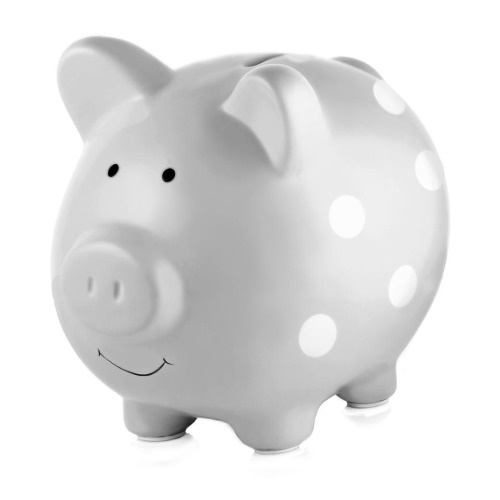 Pearhead Polka Dot Gray Piggy Bank<br>