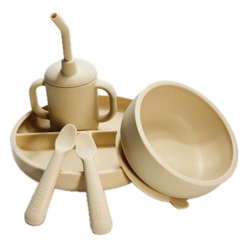 Lalo Silicone Baby Feeding Set Plate Bowl Cup Spoon Beige Toddler Dishware