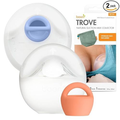 Boon Trove Silicone Manual Breast Pump Set - Hands Free Breast Milk Collector - Includes Polyester Travel Pouch - Breastfeeding Essentials - 2 Count