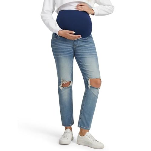Peauty Maternity Ripped Jeans Support Straight Leg Distressed Knee Slit Comfortable Stretch Over The Belly Pregnancy-Pants