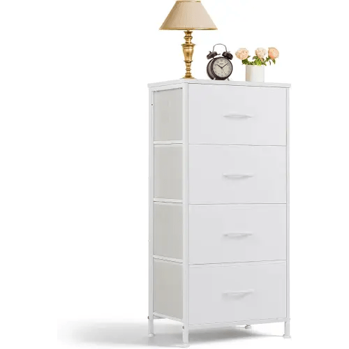 Nightstand, 4 Drawer Dresser End Table Bedside Furniture with Wooden Top Steel Frame Fabric Bins for Bedroom, Closet, Entryway, Dorm, Living Room, White