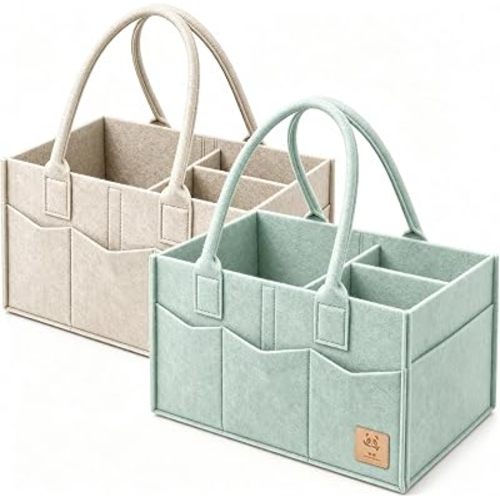 HIPHOP PANDA 2-Pack Diaper Caddy Organizer - Nursery Storage Bin & Car Organizer for Diapers, Wipes, and Baby Essentials - Dual-Color Solid Set (Green/Oatmeal), Regular Size