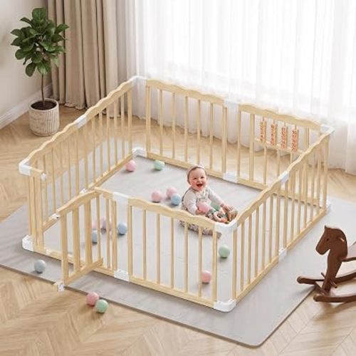 Wooden Baby Playpen, 48"x48"x24" Foldable Play Yard with Built-in Toys, 8 Panel Baby Fence Lockable Door, for Babies and Toddlers, CPC Certified