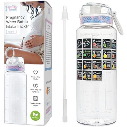 BellyBottle Pregnancy Water Bottle Tracker – Pregnancy Must Haves First Trimester – Pregnant Gifts for Expecting Mom – Essentials Nausea Relief – Weekly Stickers + Straw + BPA Free – Tidye
