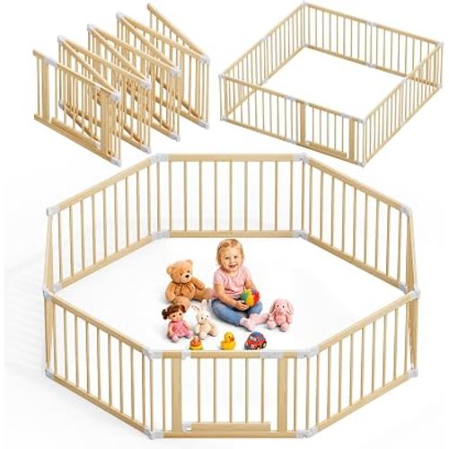 Foldable Wooden Baby Playpen, Adjustable Multi-Shape Play Yard 71x71x23.6in