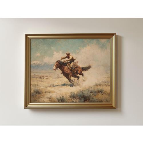 Vintage Cowboy on Horse Art Print: western cowboy painting print