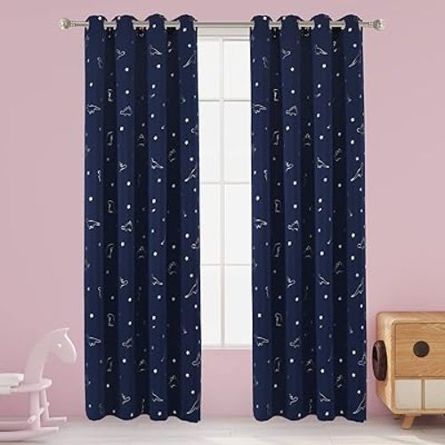 LORDTEX Dinosaur and Star Foil Print Blackout Curtains for Kids Room - Thermal Insulated Curtains Noise Reducing Window Drapes for Boys and Girls Bedroom, 52 x 95 Inch, Navy, Set of 2 Panels