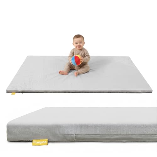 Funyoo 50" ×50" Padded Baby Play Mat for Floor, 1.2" Thick Machine Washable Foam Playmat, Soft Tummy Time Crawling Playpen Mat with Non-Slip Bottom, Fits 50" x50" Playpens