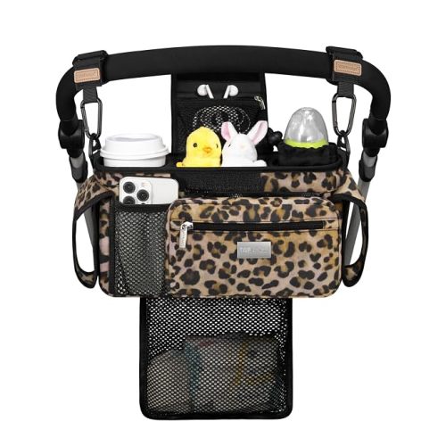 TOPDesign Universal Baby Stroller Organizer, Stroller Caddy with Detachable Mesh Bag & Heightened Insulated Cup Holders & Non-Slip Secure Hooks Accessories, Fits Most Strollers (Leopard)