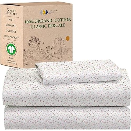 California Design Den Twin Floral Sheet Set, 100% Organic Cotton Percale Sheets, Deep Pocket Twin Sheets & Pillowcase Set - Floral