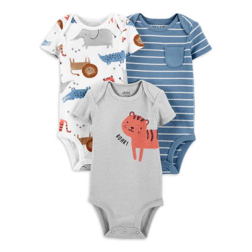 Carter's Child of Mine Baby Boy Cotton Bodysuits 3-Pack, Safari Prints and Stripes