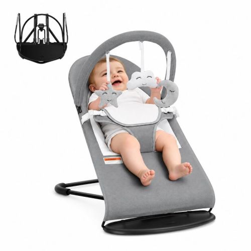 Baby Rocker and Stationary Seat, Foldable 2-in-1 Bouncer with Recline and Toy Bar,Grey