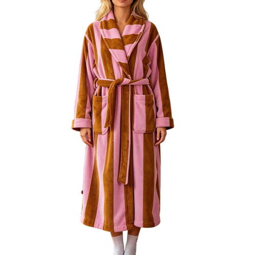 Women's Striped Plush Fleece Bathrobe - Thick Long Length Shawl Collar Robe with Belt and Pockets, Absorbent Cozy Lounge Wear for Winter