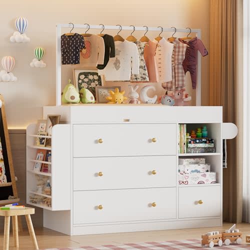 Modern Changing Table Dresser,Baby Dressing Table with 4 Drawers and Storage Shelves,Multi-Functional Baby Changing Table with Drying Rack for Nursery, White