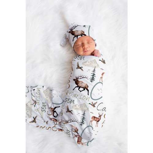 Elk Baby Swaddle Set, Personalized Baby Shower Gift, Hospital Custom Name Announcement, Mule Deer Baby Gown, Coming Home Outfit Mountains