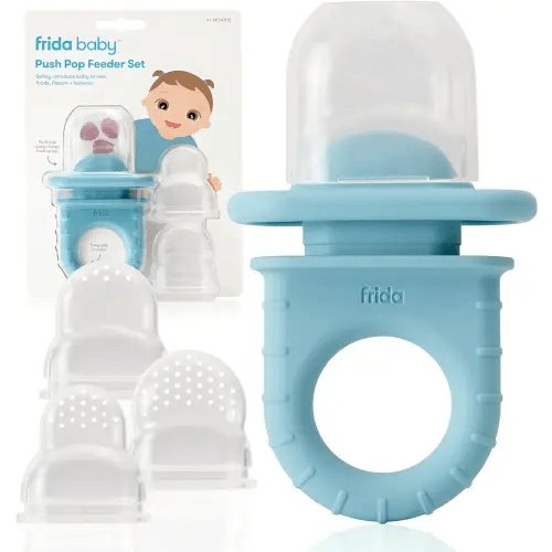 Frida Baby Push Pop Feeder, Baby Fruit Food Feeders, Safely Introduce New Foods, Easter Basket Stuffer for Babies, Fresh + Frozen, Silicone, BPA Free, Dishwasher Safe, 3 Count, Blue