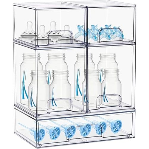 Baby Bottle Organizer, 5 Pack Stackable Storage Dust-proof Drawers, Clear Plastic Station Organizer Container for Pacifier, Bottle Organizers, Vanity, Bathroom, Cabinet, Pantry Organization