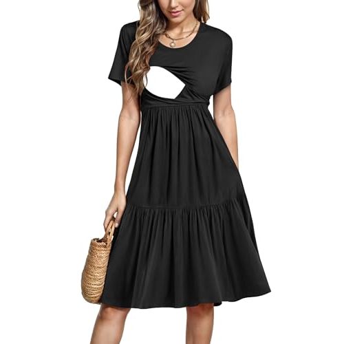 PARNIXS Women's Summer Nursing Dress Short Sleeve Maternity Knee Length Breastfeeding Dress
