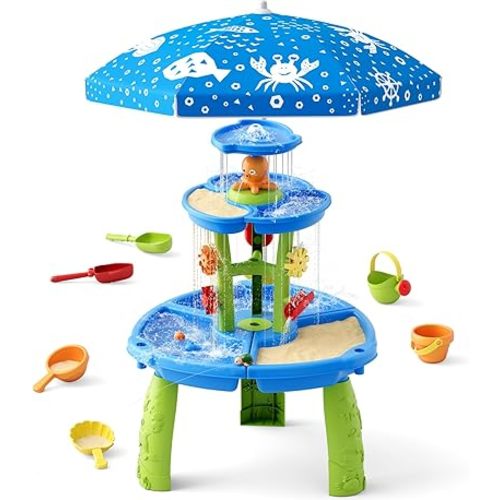 HYES Water Table for Toddlers 3-5, 3-Tier 6 Zones Water Sand Table with Umbrella, Rain Showers Splash Pond Toys for Outdoor Beach Backyard Summer, Kids Activity Sensory Playset for Boys Girls, Blue
