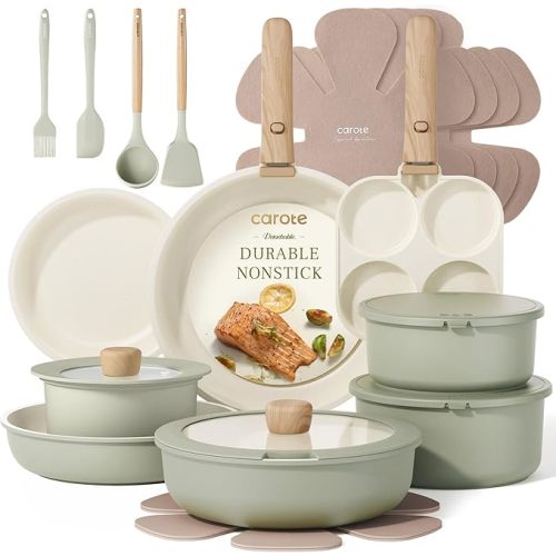 CAROTE 25pcs Pots and Pans Set Non Stick, Cookware Set Detachable Handle | Induction Compatible, Dishwasher & Oven Safe, Space Saving, Camping Cooking Set, Kitchen Set, Green