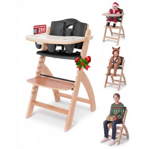 Abiie Beyond Junior Convertible Wooden High Chair with Removable Tray | Adjustable Highchair for Babies & Toddlers, Grow With Me, 6 Months to 250 lbs, Water Resistant, Natural Wood w/ Black Cushion