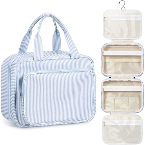 Huhumy Hanging Toiletry Bag for Women with Detachable Pouch, Travel Toiletry Bag, Travel Size Toiletries, Cosmetic Bags, Seersucker Makeup Bags Gifts for Her Mom Girlfriend Wife Teacher(Blue)