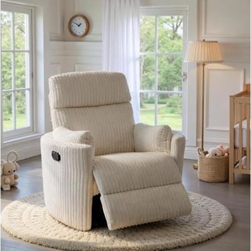 Nursery Rocking Chairs with 2 Pillows Swivel Rocker Recliner Comfy High Back 360 Glider Recliner Nursery Chair for Adults Small Spaces Nursing Bedroom Living Room Beige