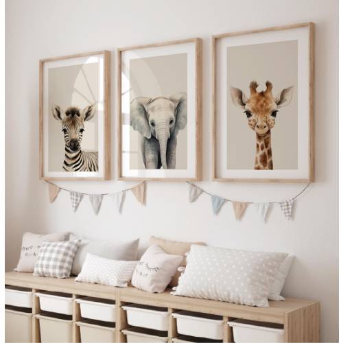 Safari Prints for Nursery Set of 3, Beige Background, Jungle Animal Theme Nursery Decor, Gender Neutral Kids Wall Art, Boys Girls Posters