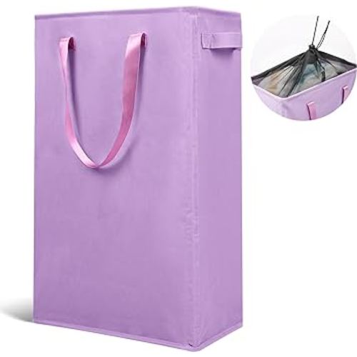 Odonata Slim Laundry Hamper Handles Collapsible Laundry Basket Thin Dirty Clothes Basket Narrow Laundry Bag Foldable Dirty Hamper 45L (Light Purple)