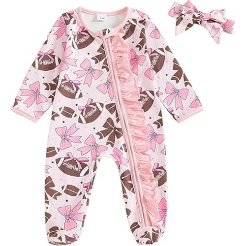 Newborn Baby Girl Football Outfit Bow Rugby Print Waffle Long Sleeve Footies Jumpsuit Headband Fall Clothes Set