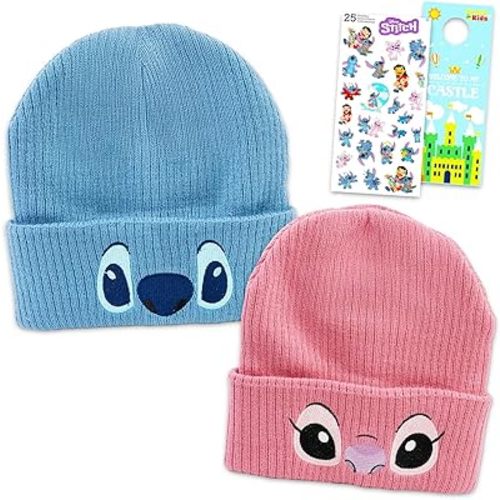 Disney His and Hers Stitch Beanies 2 Pack Bundle - Winter Accessories Bundle with 2 Pairs of Beanies Featuring Stitch and Angel, Plus Stickers, More | Disney Apparel and Accessories