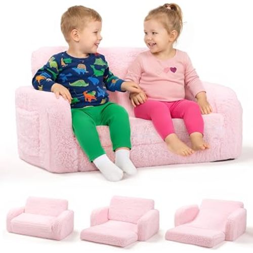 little dove 3-in-1 Extra Wide Convertible Kids Couch, Flip Open Kid Sofa, Machine-Washable Kid Couch for Girls, Kids Sofa for Fun Playtime, Pink, Sherpa